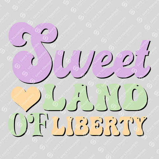 Apparel featuring a Sweet Land of Liberty Pastel-themed DTF transfer.