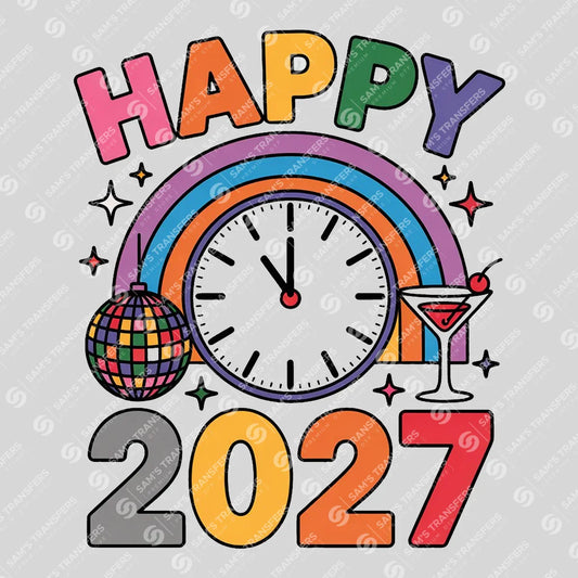 Apparel featuring a Happy 2027 New Year-themed DTF transfer.