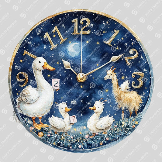 Apparel featuring a Happy 2027 Midnight Clock-themed DTF transfer.