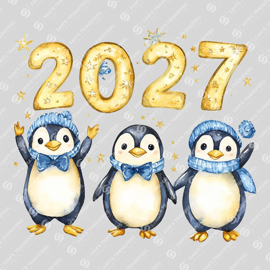 Apparel featuring a Happy 2027 Penguins Blue-themed DTF transfer.