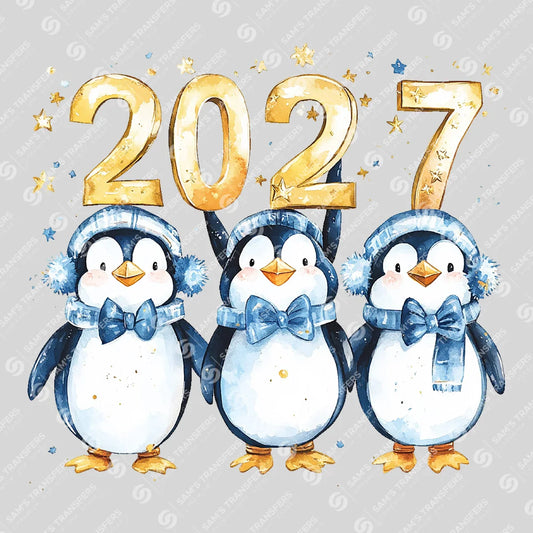 Apparel featuring a Happy 2027 Penguins Winter-themed DTF transfer.