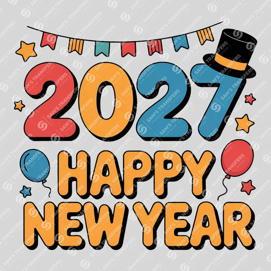 Apparel featuring a Happy New Year 2027 Top Hat-themed DTF transfer.