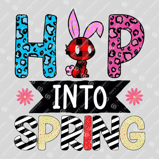 Apparel featuring a Hop Into Spring-themed DTF transfer.