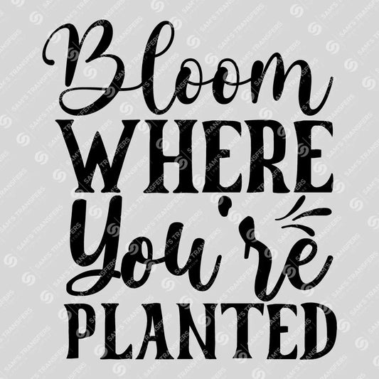 Apparel featuring a Bloom Where You're Planted Classic-themed DTF transfer.