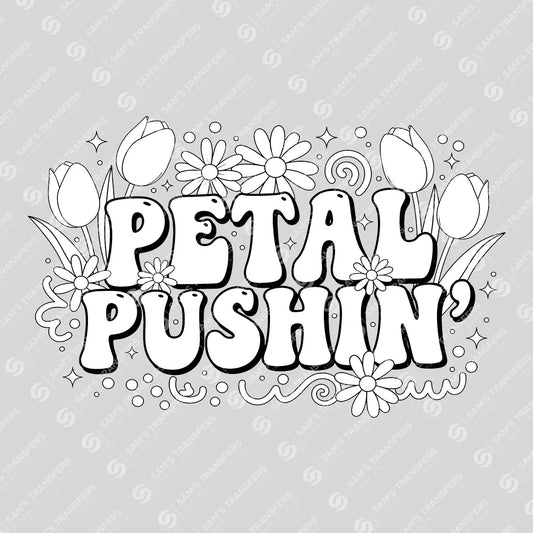 Apparel featuring a Petal Pushin-themed DTF transfer.