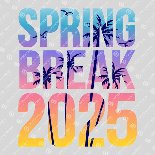 Apparel featuring a Spring Break 2025 Palms-themed DTF transfer.