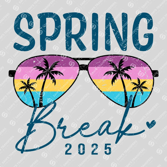 Apparel featuring a Spring Break 2025 Sunglasses-themed DTF transfer.