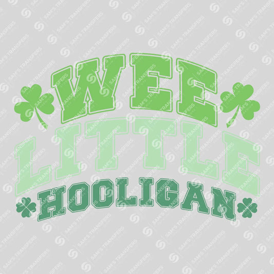 Apparel featuring a Wee Little Hooligan Varsity-themed DTF transfer.