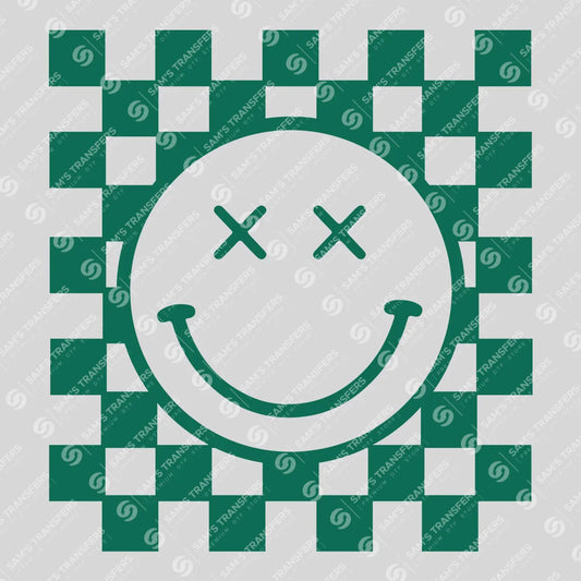 Apparel featuring a Checkered Smiley Face-themed DTF transfer.