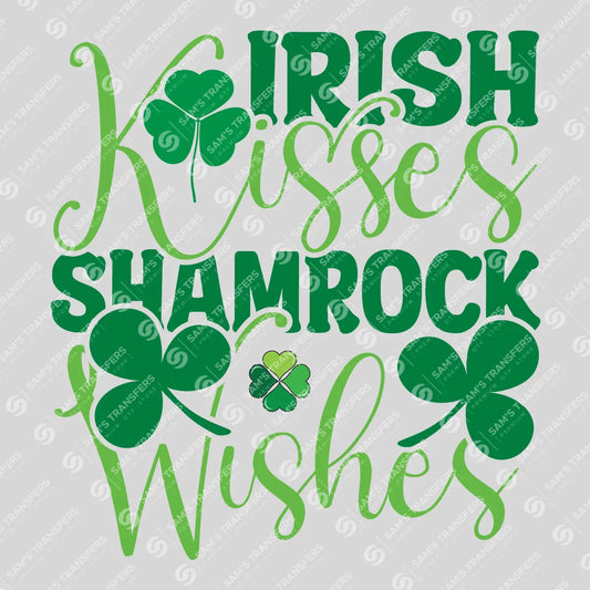 Apparel featuring a Irish Kisses Shamrock Wishes-themed DTF transfer.