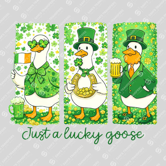 Apparel featuring a Just A Lucky Goose-themed DTF transfer.