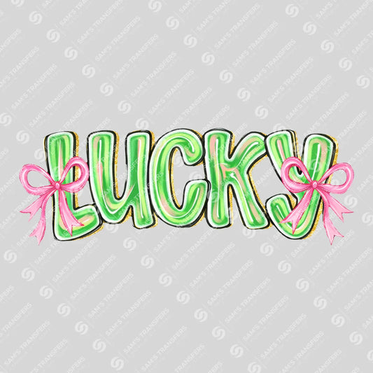 Apparel featuring a Lucky Puffy Pink Bows-themed DTF transfer.