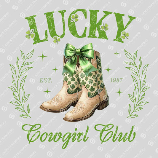 Apparel featuring a Lucky Cowgirl Club-themed DTF transfer.