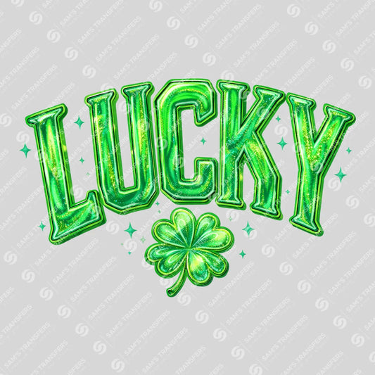 Apparel featuring a Lucky Green Glitter Clover-themed DTF transfer.