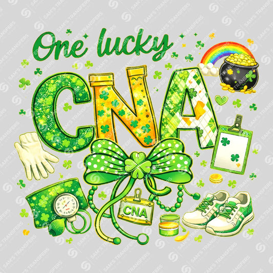 Apparel featuring a One Lucky CNA Glitter-themed DTF transfer.