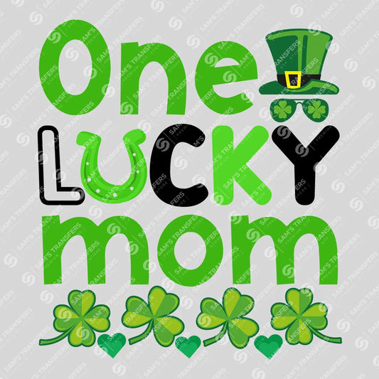 Apparel featuring a One Lucky Mom Top Hat-themed DTF transfer.