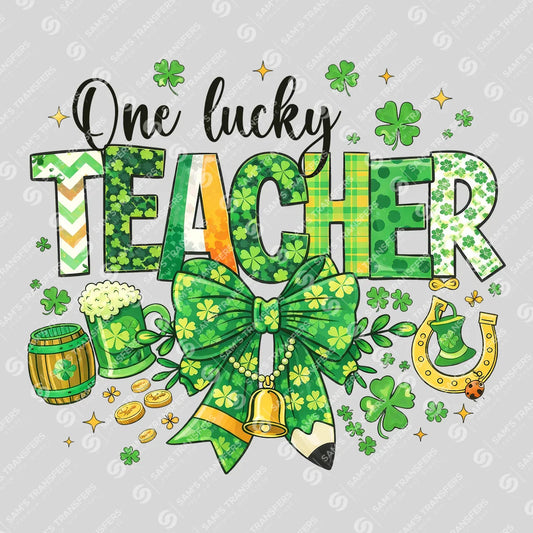 Apparel featuring a One Lucky Teacher Glitter-themed DTF transfer.