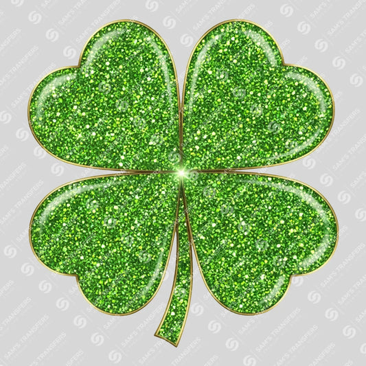 Apparel featuring a Green Glitter Four Leaf Clover-themed DTF transfer.