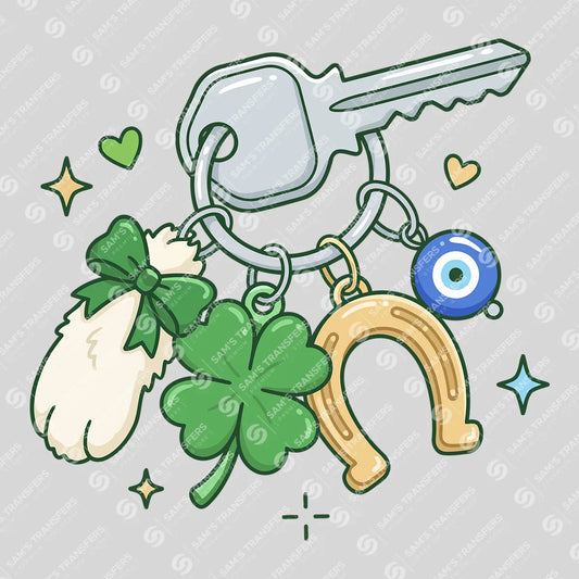 Apparel featuring a Lucky Charm Keychain-themed DTF transfer.