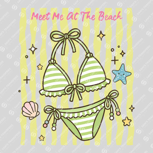 Apparel featuring a Meet Me At The Beach Bikini-themed DTF transfer.