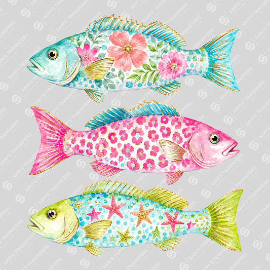 Apparel featuring a Floral Fish Trio-themed DTF transfer.