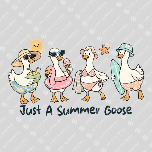 Apparel featuring a Just A Summer Goose-themed DTF transfer.