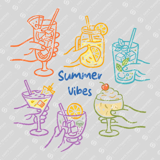 Apparel featuring a Summer Vibes Drinks Doodle-themed DTF transfer.
