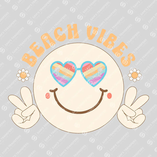 Apparel featuring a Beach Vibes Smiley Retro-themed DTF transfer.
