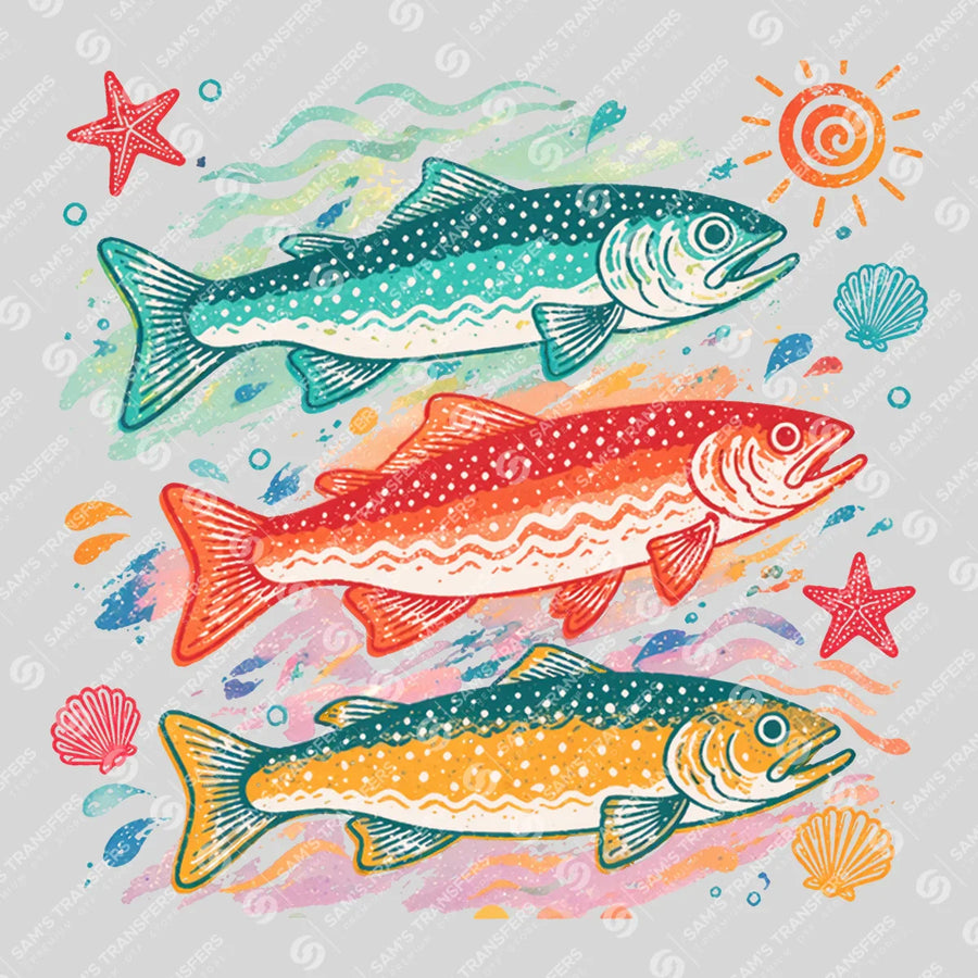 Colorful Trout Trio Watercolor Ready-to-Press DTF Transfer | SAT02252