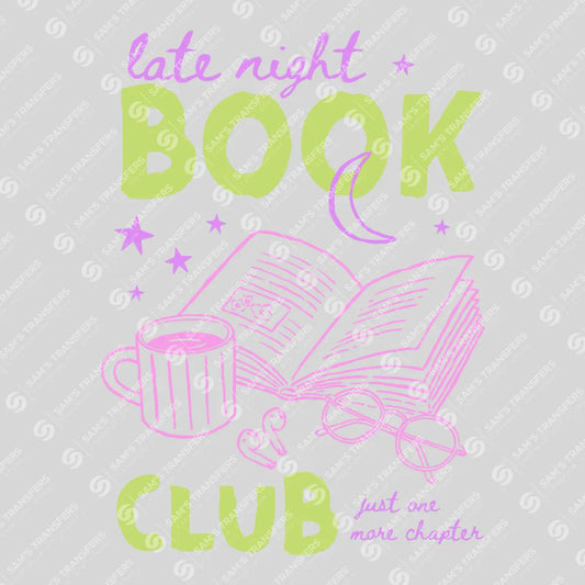 Apparel featuring a Late Night Book Club-themed DTF transfer.