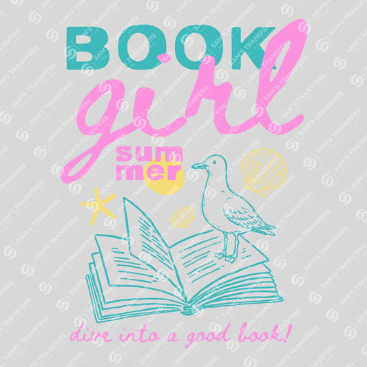 Apparel featuring a Book Girl Summer-themed DTF transfer.