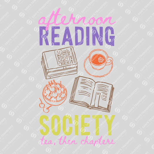 Apparel featuring a Afternoon Reading Society-themed DTF transfer.