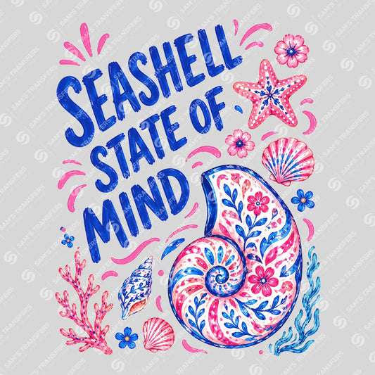 Apparel featuring a Seashell State of Mind-themed DTF transfer.