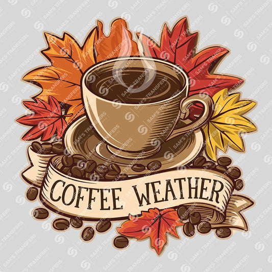 Apparel featuring a Coffee Weather-themed DTF transfer.