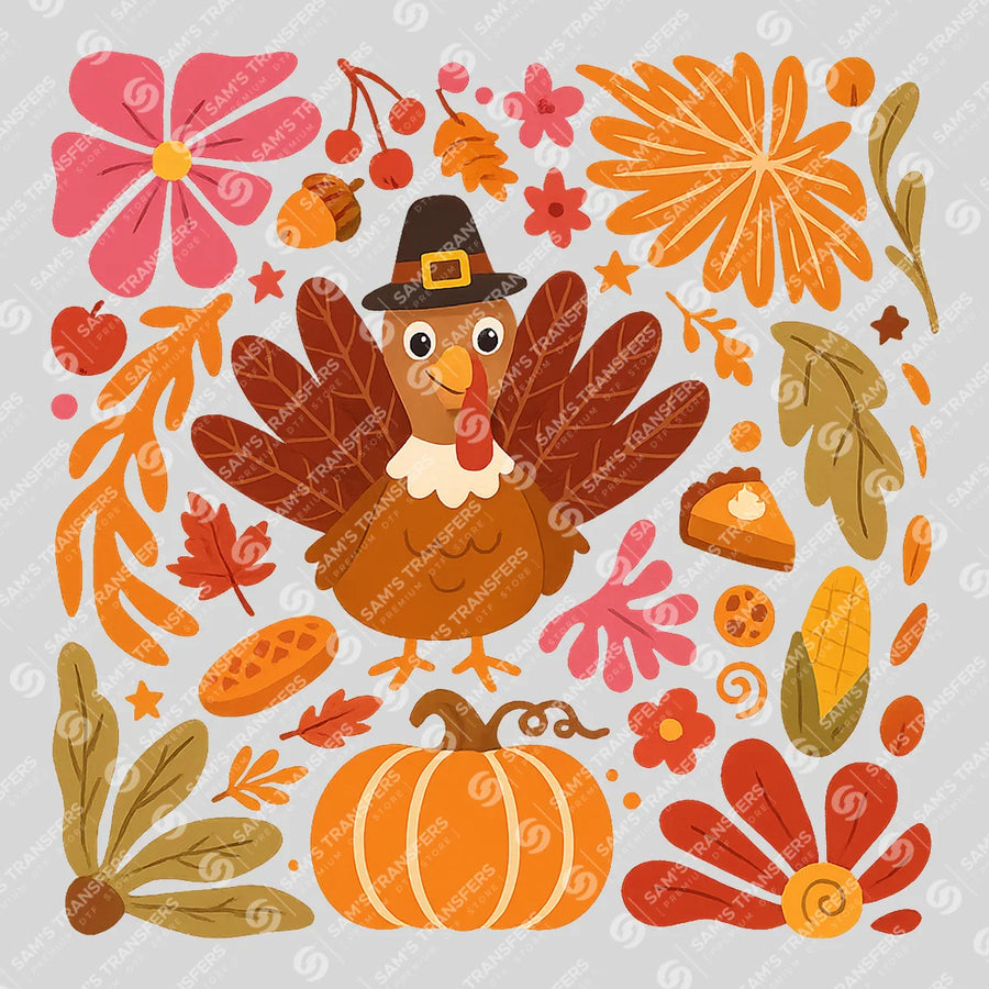 Thanksgiving Turkey and Pumpkins Ready-to-Press DTF Transfer | SAT02506