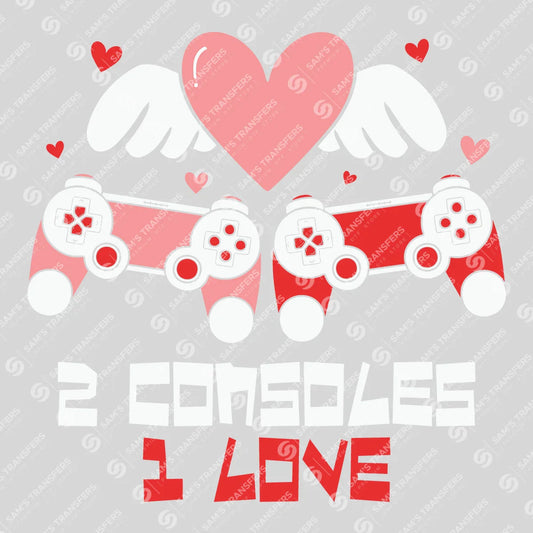 Apparel featuring a 2 Consoles 1 Love-themed DTF transfer.