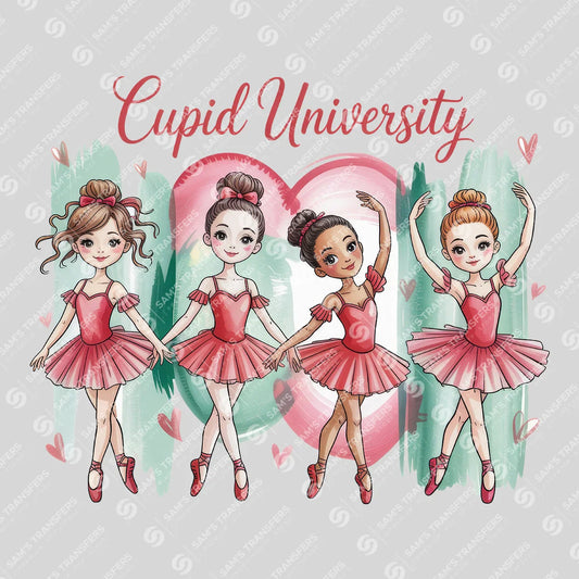 Apparel featuring a Cupid University-themed DTF transfer.