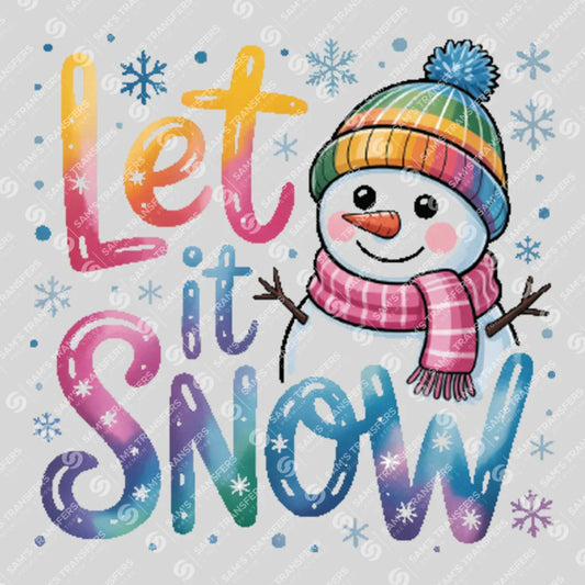 Apparel featuring a Let It Snow-themed DTF transfer.