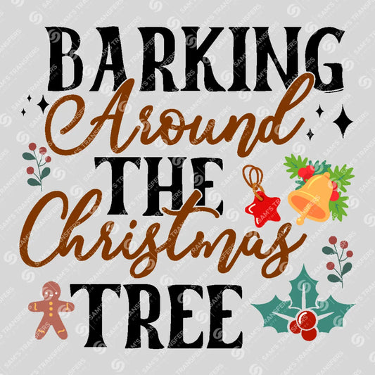 Apparel featuring a Barking Around The Christmas Tree-themed DTF transfer.