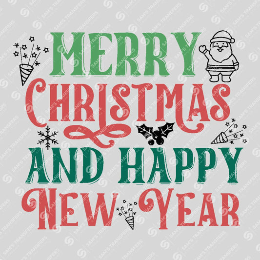 Apparel featuring a Merry Christmas And Happy New Year-themed DTF transfer.