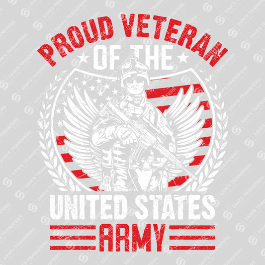 Apparel featuring a Proud Veteran US Army-themed DTF transfer.