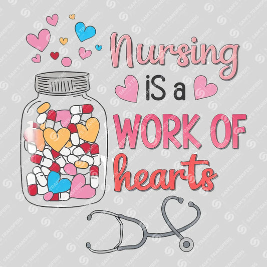 Apparel featuring a Nursing Is a Work of Hearts-themed DTF transfer.
