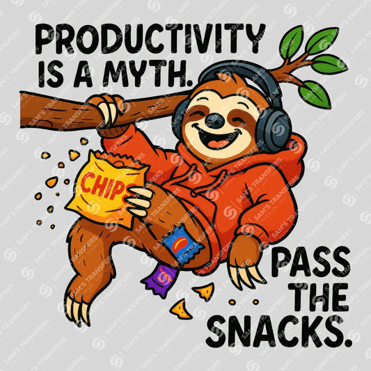 Apparel featuring a Productivity Is a Myth Pass the Snacks-themed DTF transfer.