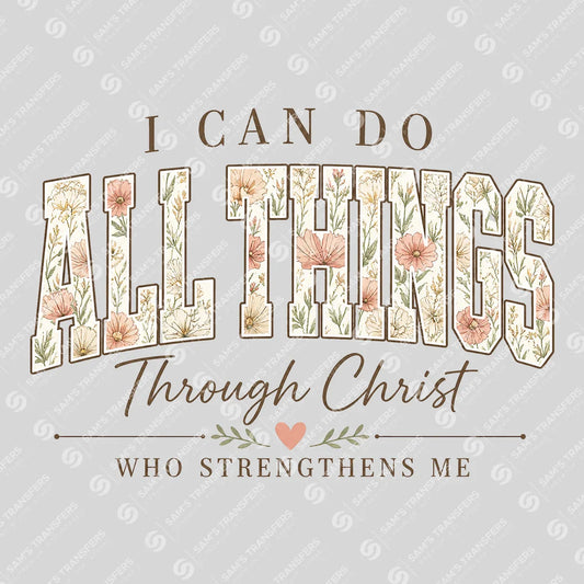 Apparel featuring a I Can Do All Things Through Christ Wildflower-themed DTF transfer.