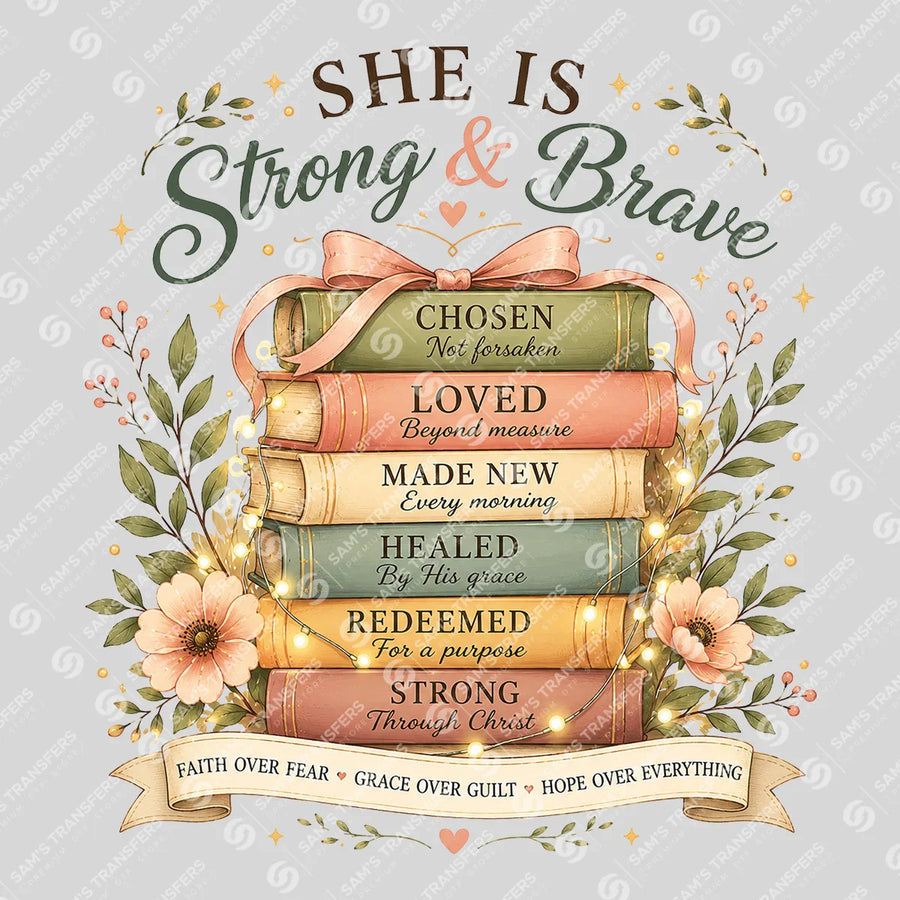 She Is Strong and Brave Books Ready-to-Press DTF Transfer | SAT04740