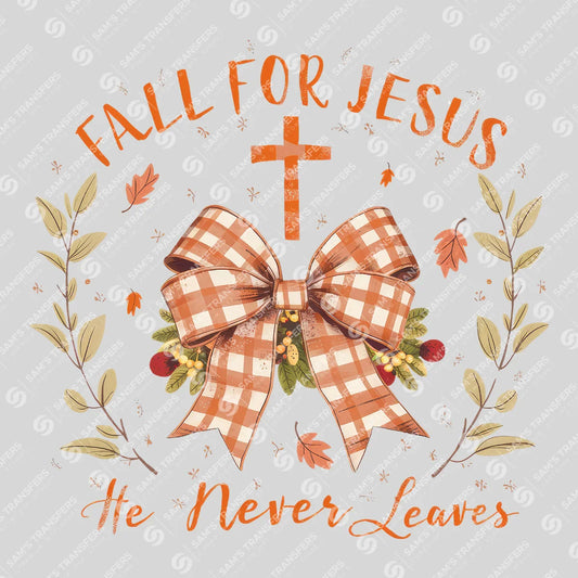 Apparel featuring a Fall for Jesus Gingham Bow-themed DTF transfer.