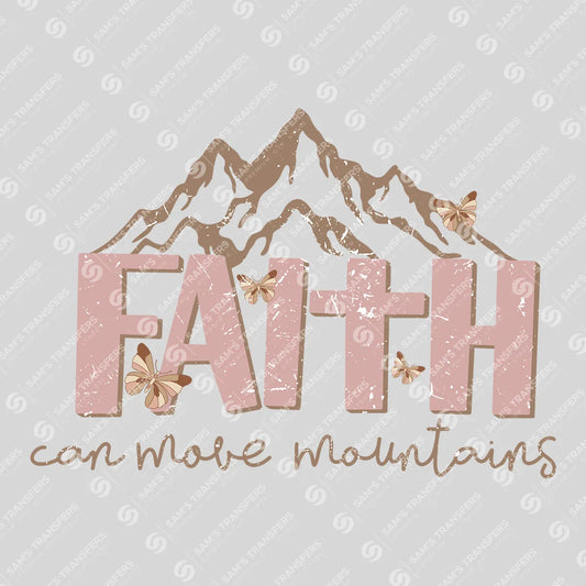 Apparel featuring a Faith Can Move Mountains-themed DTF transfer.