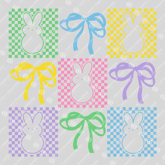 Apparel featuring a Checkered Bunnies and Bows-themed DTF transfer.
