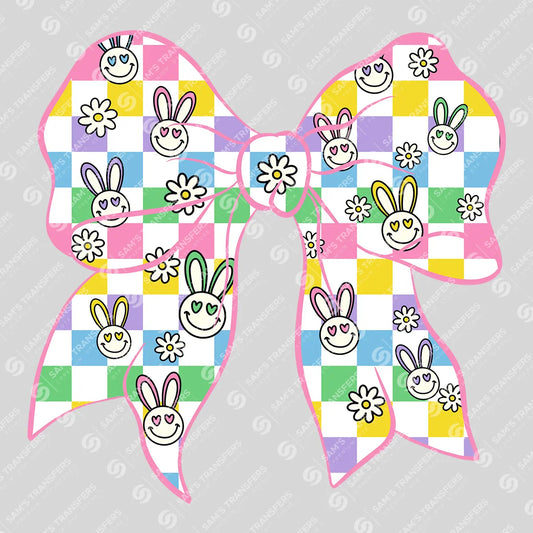 Apparel featuring a Checkered Bunny Bow-themed DTF transfer.