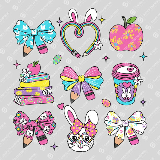 Apparel featuring a Coquette Teacher Easter Doodles-themed DTF transfer.